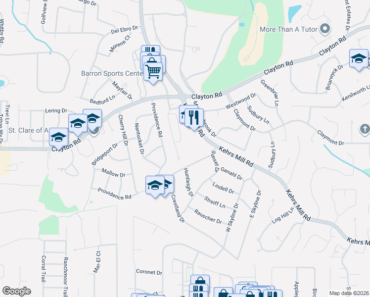 map of restaurants, bars, coffee shops, grocery stores, and more near 920 Kehrs Mill Road in Ballwin