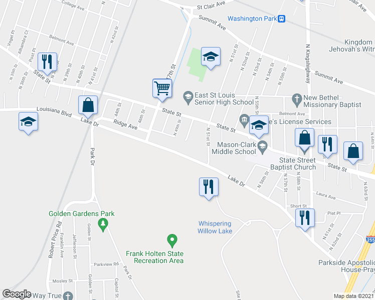 map of restaurants, bars, coffee shops, grocery stores, and more near 5005 Lake Drive in East St. Louis