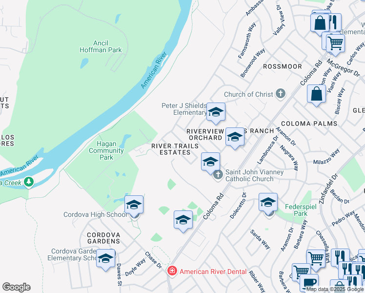 map of restaurants, bars, coffee shops, grocery stores, and more near 2211 River Trails Circle in Rancho Cordova