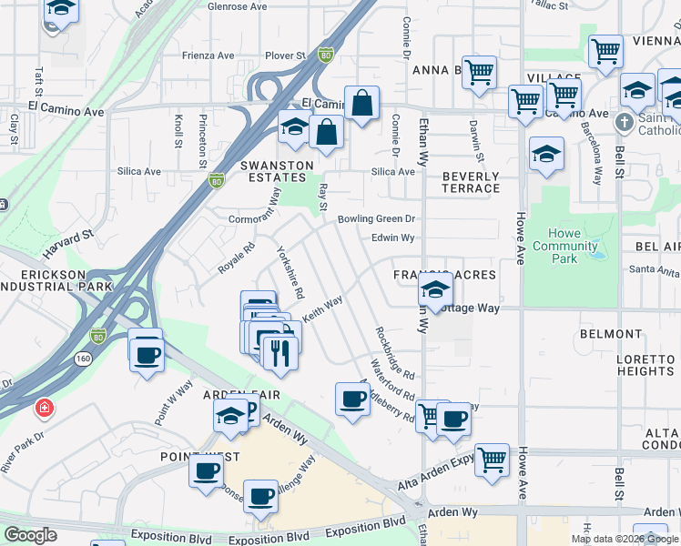 map of restaurants, bars, coffee shops, grocery stores, and more near 2218 Rockbridge Road in Sacramento