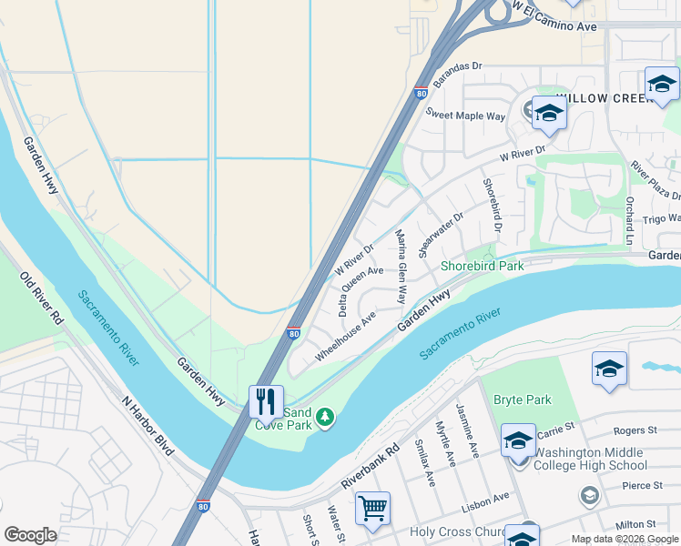 map of restaurants, bars, coffee shops, grocery stores, and more near 2751 West River Drive in Sacramento