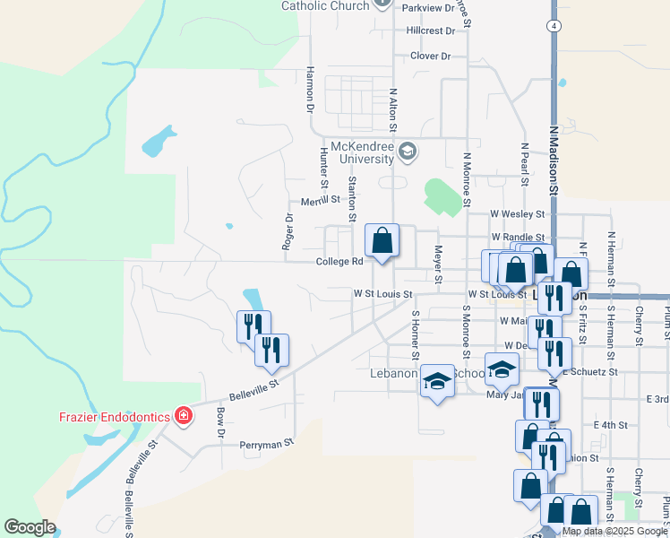 map of restaurants, bars, coffee shops, grocery stores, and more near 921 College Road in Lebanon