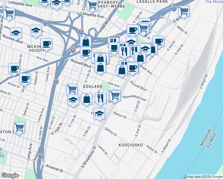 map of restaurants, bars, coffee shops, grocery stores, and more near 901 Ann Avenue in St. Louis