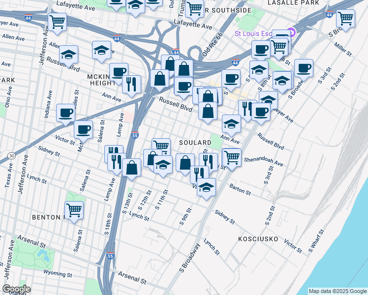 map of restaurants, bars, coffee shops, grocery stores, and more near 2305 South 11th Street in St. Louis