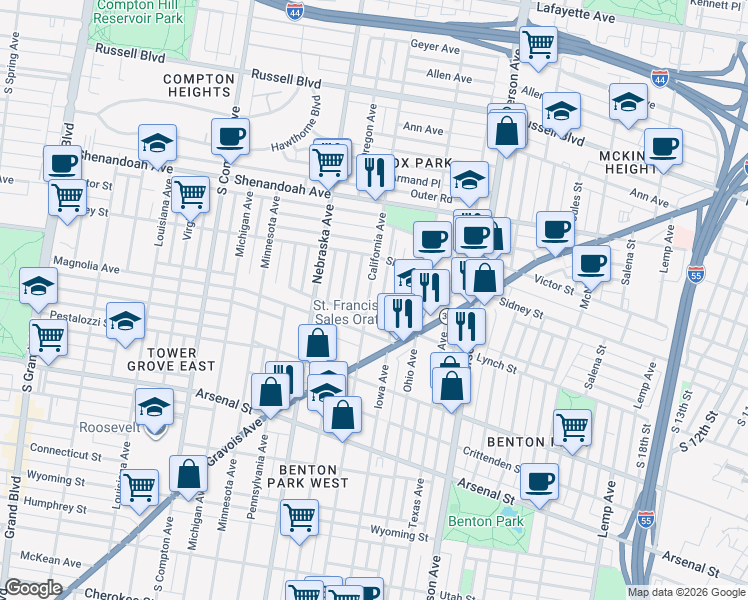 map of restaurants, bars, coffee shops, grocery stores, and more near 2631-2633 California Avenue in St. Louis