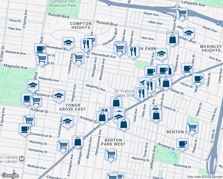 map of restaurants, bars, coffee shops, grocery stores, and more near 2660 Pennsylvania Avenue in St. Louis
