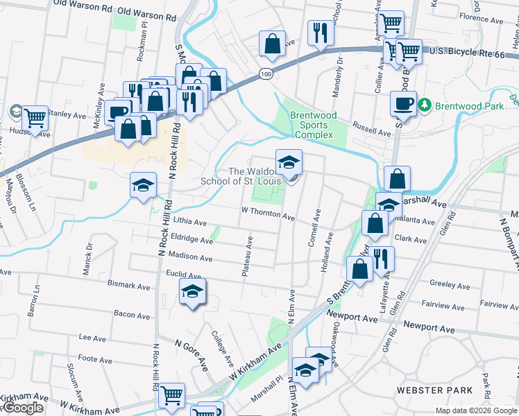 map of restaurants, bars, coffee shops, grocery stores, and more near 106 Almentor Avenue in Webster Groves