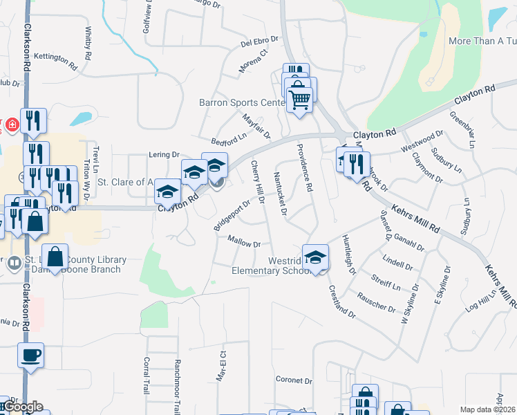 map of restaurants, bars, coffee shops, grocery stores, and more near 336 Cherry Hill Drive in Ellisville