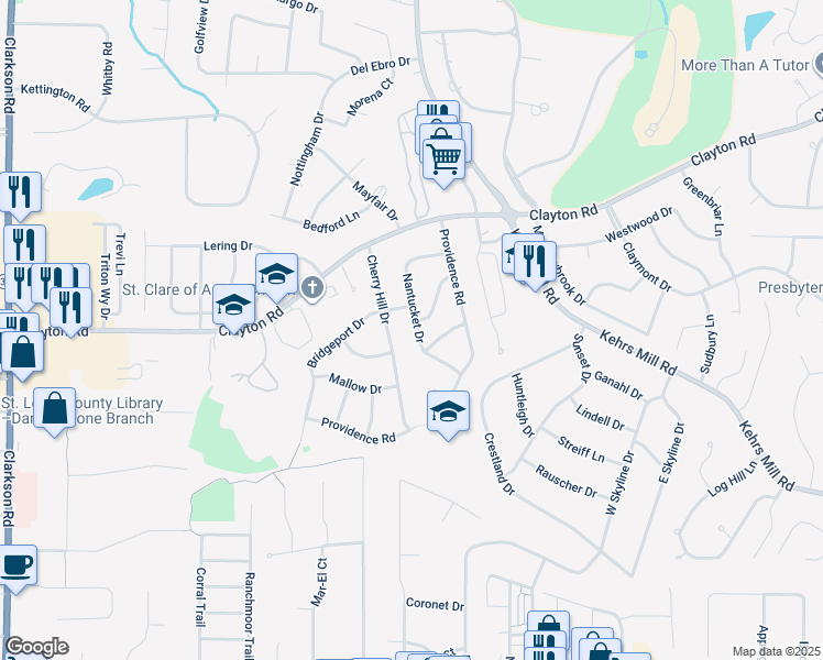map of restaurants, bars, coffee shops, grocery stores, and more near 952 Bridgeport Drive in Ballwin