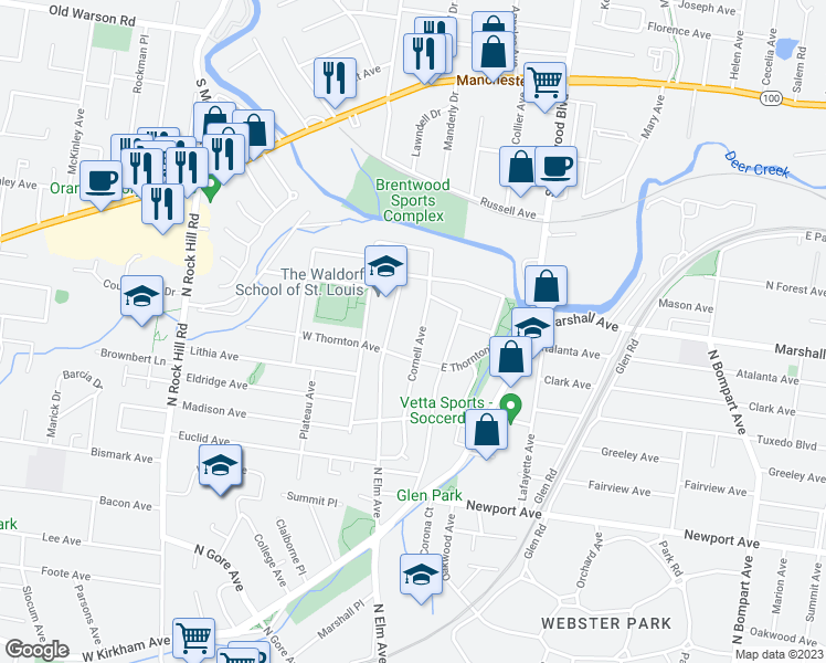 map of restaurants, bars, coffee shops, grocery stores, and more near 910 North Elm Avenue in Webster Groves