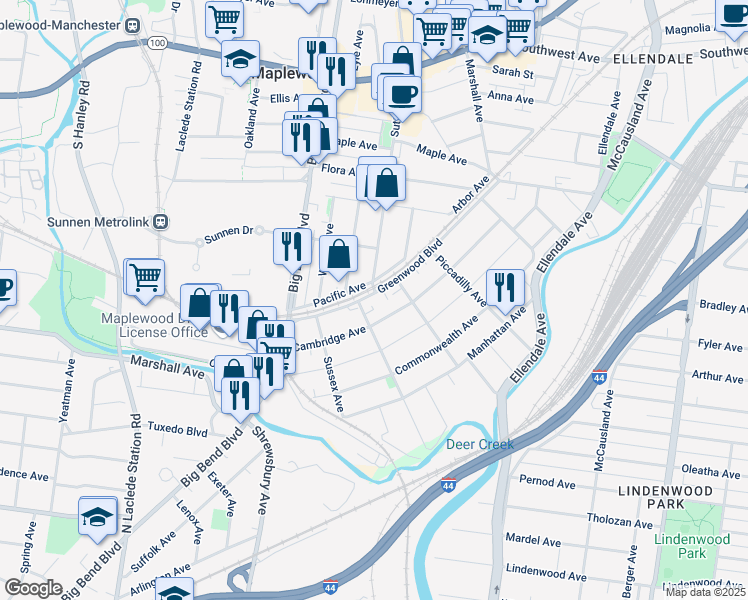 map of restaurants, bars, coffee shops, grocery stores, and more near 3235 Sutton Boulevard in Maplewood