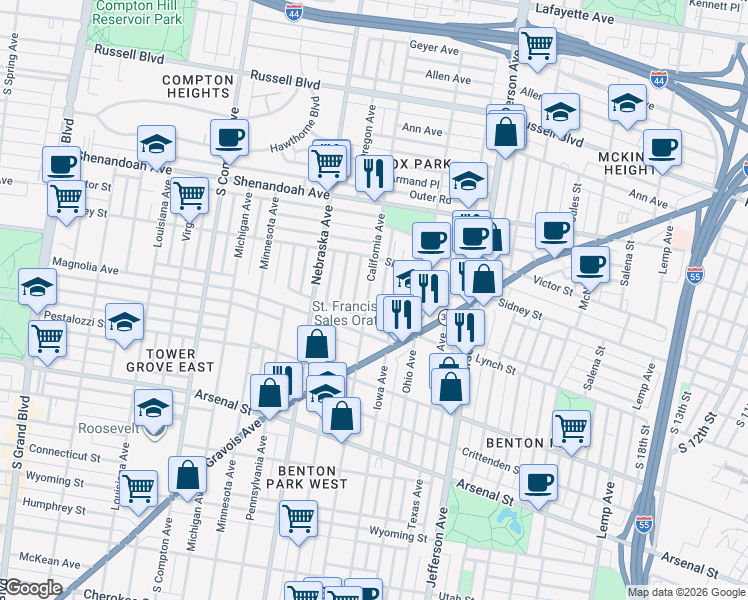 map of restaurants, bars, coffee shops, grocery stores, and more near 2631-2633 California Avenue in St. Louis