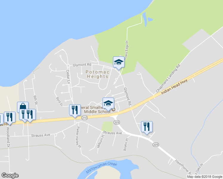 map of restaurants, bars, coffee shops, grocery stores, and more near 46 Cypress Place in Indian Head