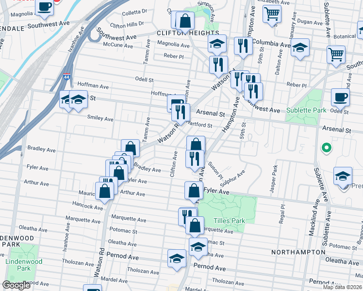 map of restaurants, bars, coffee shops, grocery stores, and more near 3168 Watson Road in St. Louis