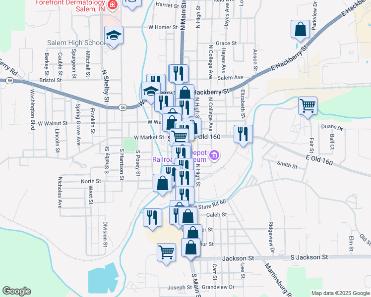 map of restaurants, bars, coffee shops, grocery stores, and more near 106 South Main Street in Salem