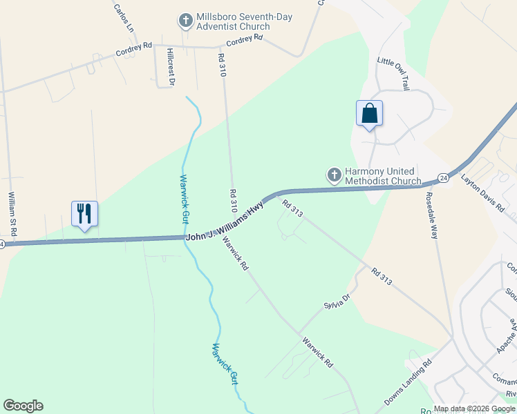 map of restaurants, bars, coffee shops, grocery stores, and more near 27421 Delaware 24 in Millsboro