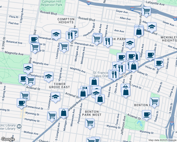 map of restaurants, bars, coffee shops, grocery stores, and more near 2660 Pennsylvania Avenue in St. Louis