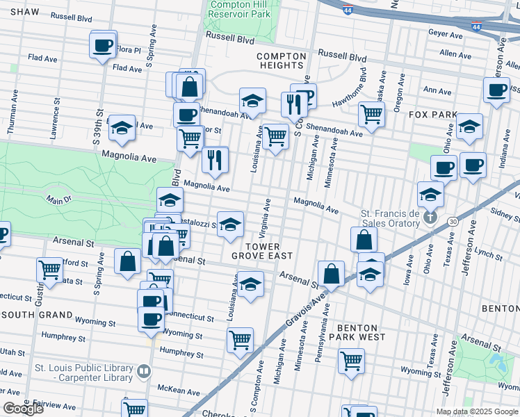 map of restaurants, bars, coffee shops, grocery stores, and more near 3400 Magnolia Avenue in St. Louis
