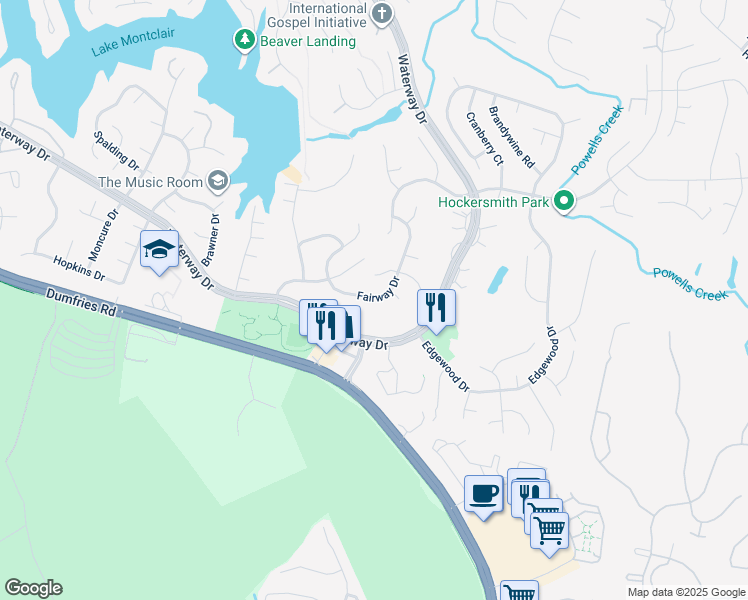 map of restaurants, bars, coffee shops, grocery stores, and more near 16017 Fairway Dr in Dumfries