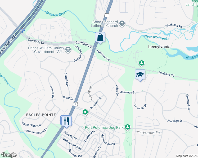 map of restaurants, bars, coffee shops, grocery stores, and more near 16092 Radburn Street in Woodbridge