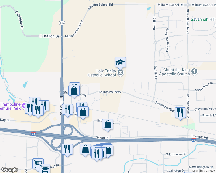 map of restaurants, bars, coffee shops, grocery stores, and more near 379 Fountains Parkway in Fairview Heights