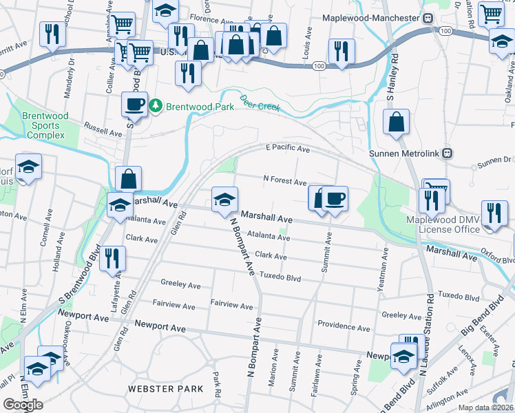 map of restaurants, bars, coffee shops, grocery stores, and more near 645 Marshall Avenue in Webster Groves
