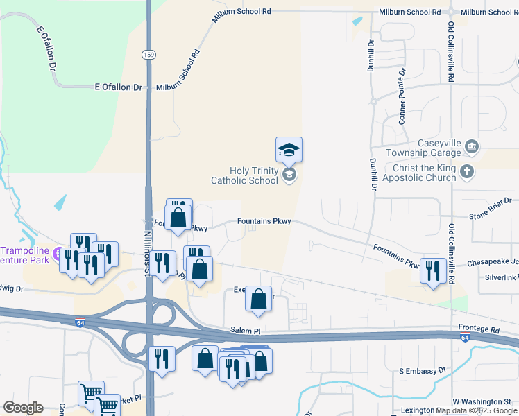 map of restaurants, bars, coffee shops, grocery stores, and more near 379 Fountains Parkway in Fairview Heights