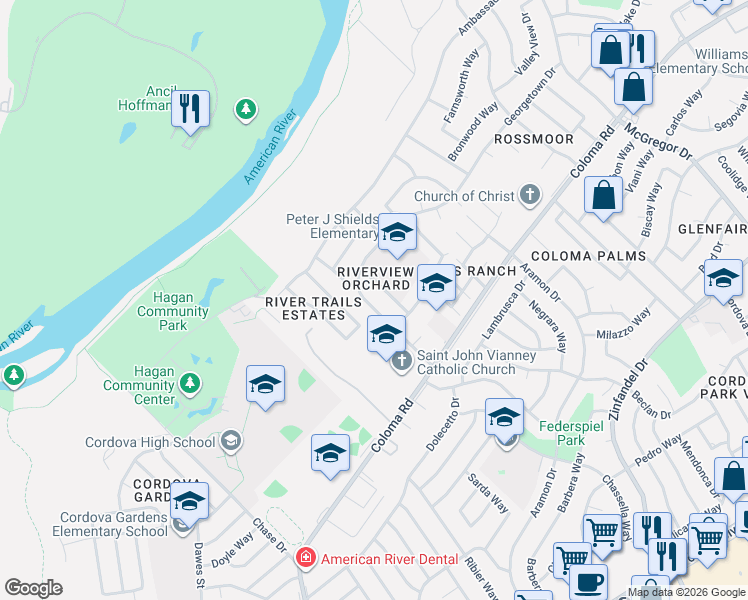 map of restaurants, bars, coffee shops, grocery stores, and more near 2204 Woodcliff Way in Rancho Cordova