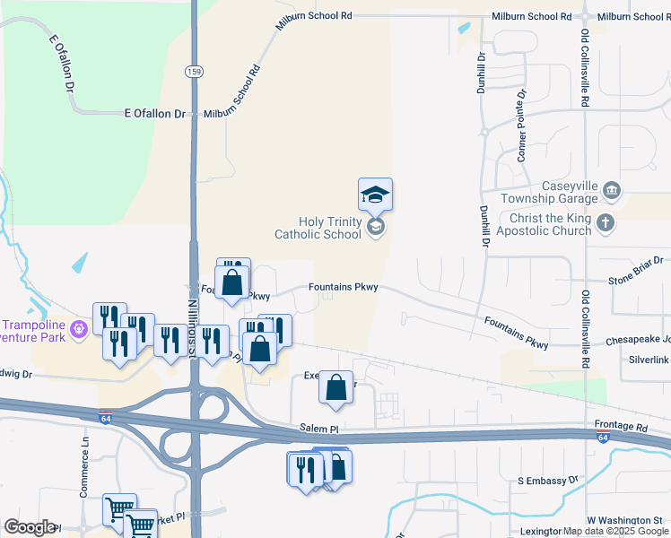 map of restaurants, bars, coffee shops, grocery stores, and more near 343 Fountains Parkway in Fairview Heights
