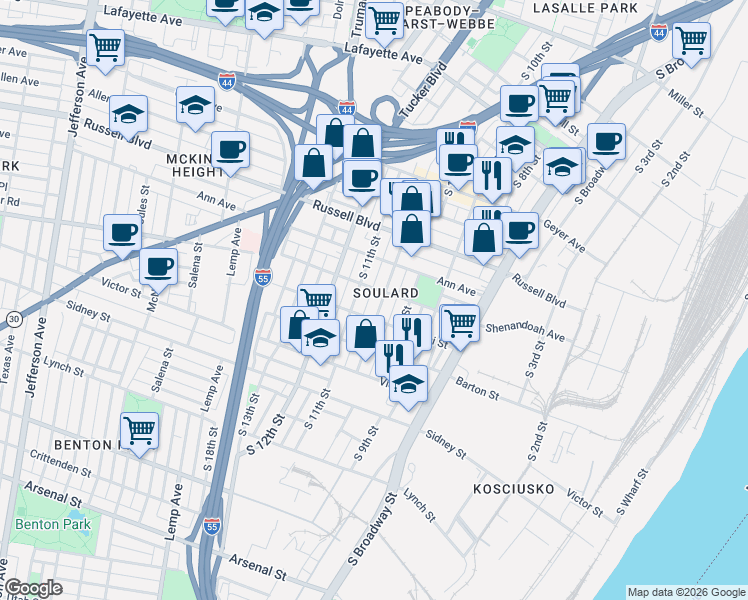 map of restaurants, bars, coffee shops, grocery stores, and more near in St. Louis