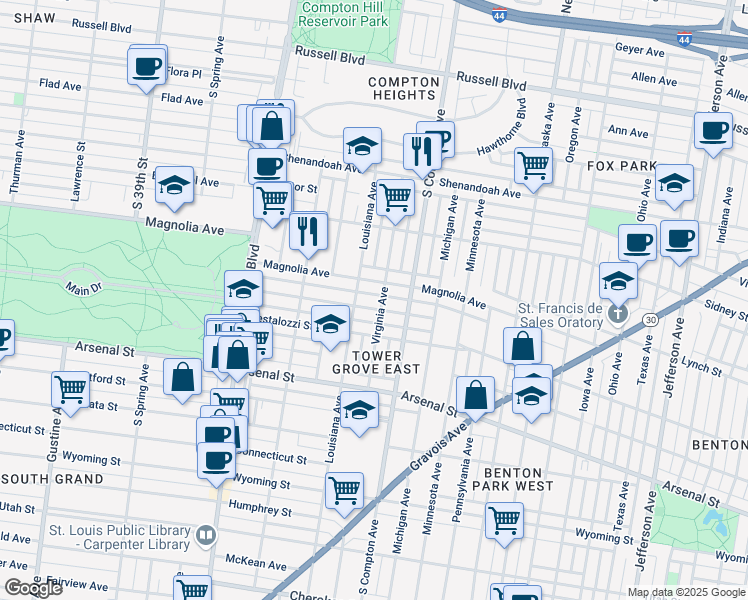 map of restaurants, bars, coffee shops, grocery stores, and more near 3400 Magnolia Avenue in St. Louis