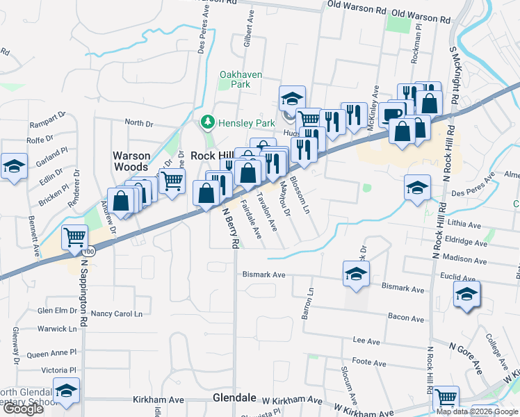 map of restaurants, bars, coffee shops, grocery stores, and more near 924 Tavalon Avenue in St. Louis