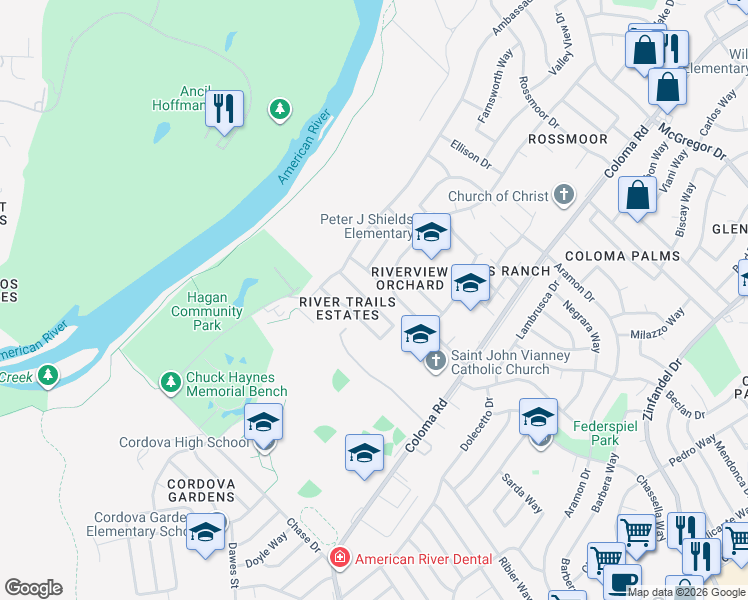 map of restaurants, bars, coffee shops, grocery stores, and more near 2217 River Trails Circle in Rancho Cordova