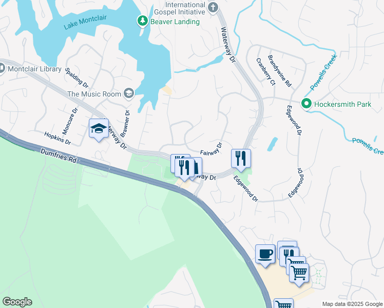 map of restaurants, bars, coffee shops, grocery stores, and more near 16027 Fairway Drive in Montclair