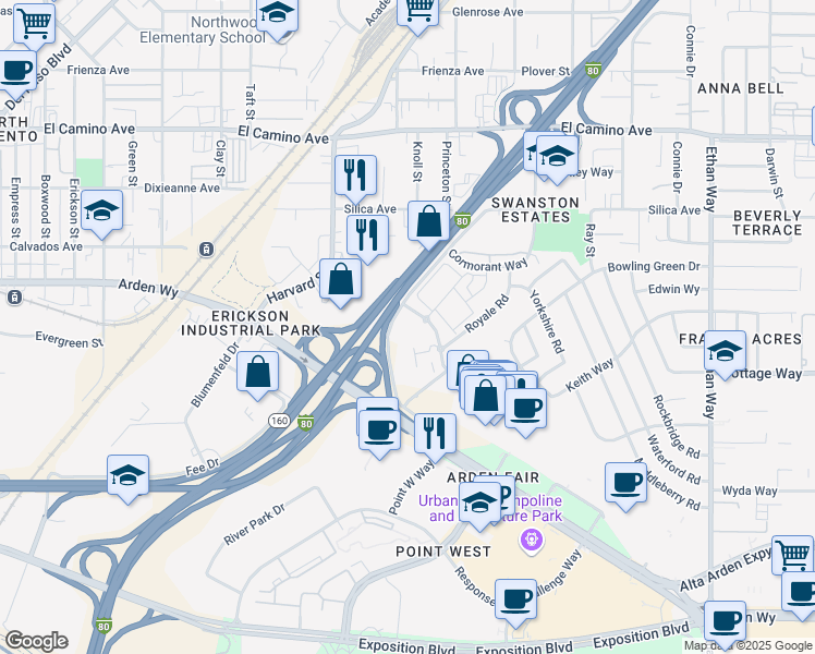 map of restaurants, bars, coffee shops, grocery stores, and more near 1401 Arden Way in Sacramento