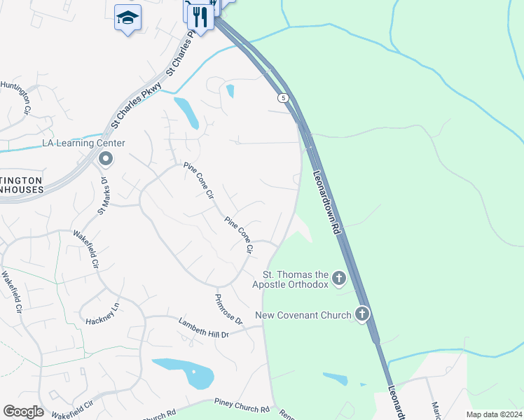 map of restaurants, bars, coffee shops, grocery stores, and more near 3569 Snowbell Court in Waldorf