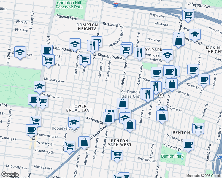 map of restaurants, bars, coffee shops, grocery stores, and more near 2660 Pennsylvania Avenue in St. Louis