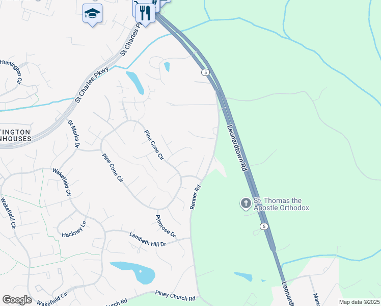 map of restaurants, bars, coffee shops, grocery stores, and more near 3569 Snowbell Court in Waldorf