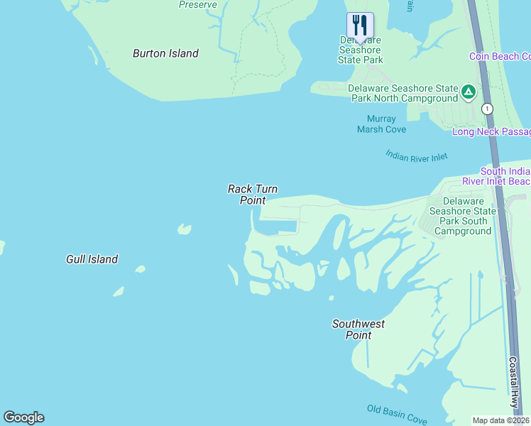 map of restaurants, bars, coffee shops, grocery stores, and more near 45 Marina View Court in Bethany Beach