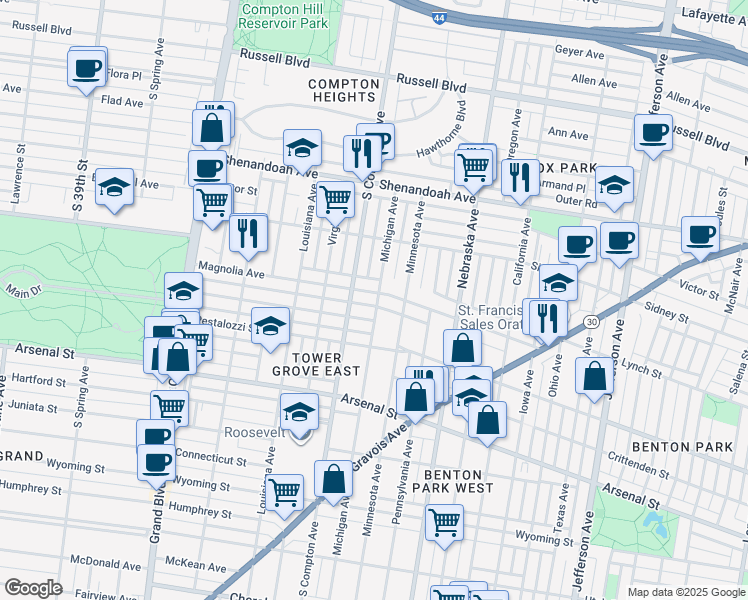 map of restaurants, bars, coffee shops, grocery stores, and more near 3141 Magnolia Avenue in St. Louis
