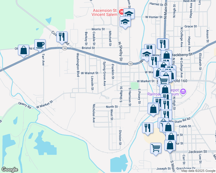map of restaurants, bars, coffee shops, grocery stores, and more near 112-140 Franklin Street in Salem