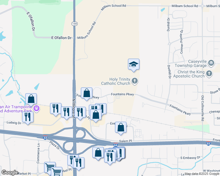 map of restaurants, bars, coffee shops, grocery stores, and more near 343 Fountains Pkwy in Fairview Heights