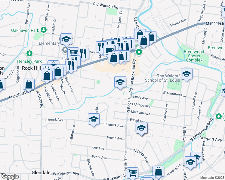 map of restaurants, bars, coffee shops, grocery stores, and more near 701 North Rock Hill Road in Webster Groves