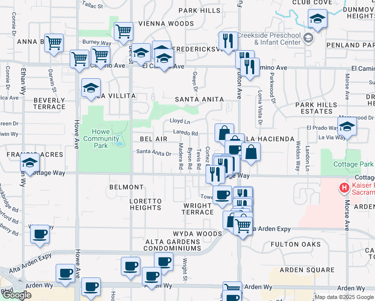 map of restaurants, bars, coffee shops, grocery stores, and more near 2200 Byron Road in Sacramento