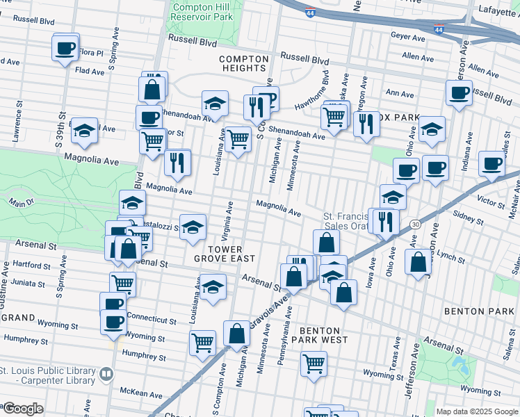 map of restaurants, bars, coffee shops, grocery stores, and more near 3141 Magnolia Avenue in St. Louis