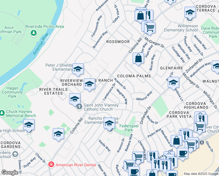 map of restaurants, bars, coffee shops, grocery stores, and more near 10619 Lambrusca Drive in Rancho Cordova