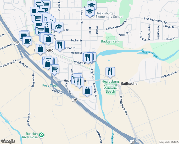 map of restaurants, bars, coffee shops, grocery stores, and more near 31 Front Street in Healdsburg
