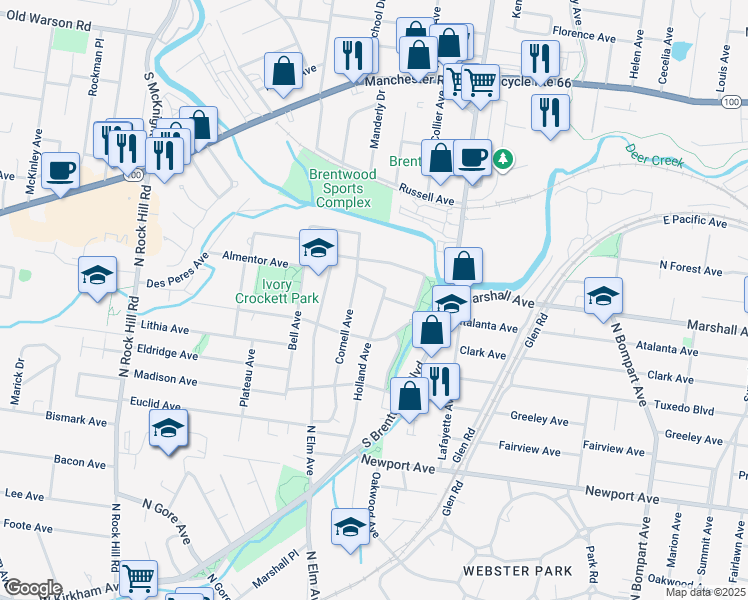 map of restaurants, bars, coffee shops, grocery stores, and more near 106 Willis Avenue in Webster Groves