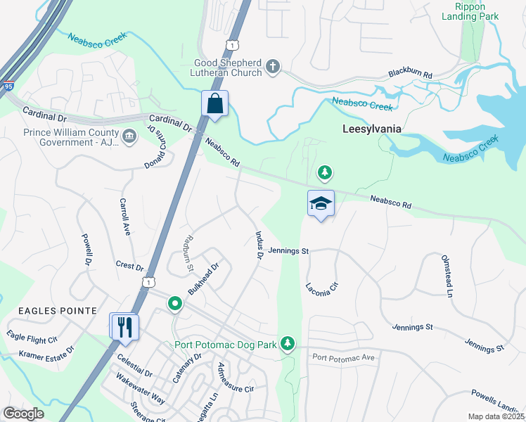 map of restaurants, bars, coffee shops, grocery stores, and more near 15997 Arden Court in Woodbridge