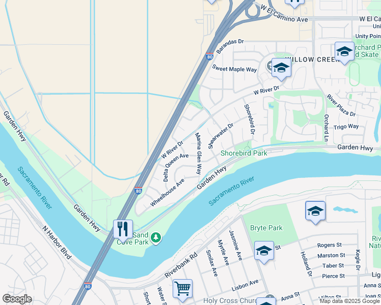 map of restaurants, bars, coffee shops, grocery stores, and more near 14 Paddle Wheel Court in Sacramento